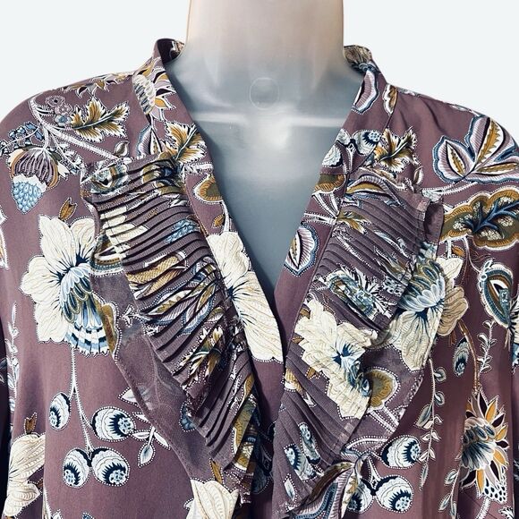 Chico's Floral Ruffled V-Neck Button Down Blouse Long Sleeves Sz XL Cottagecore - Picture 4 of 9